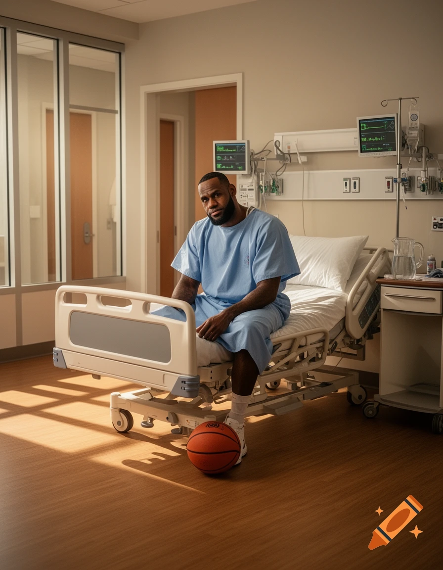 LeBron James sits on a hospital bed in a light blue patient gown, looking at the camera. A basketball rests on the floor beside the bed. Photorealistic.