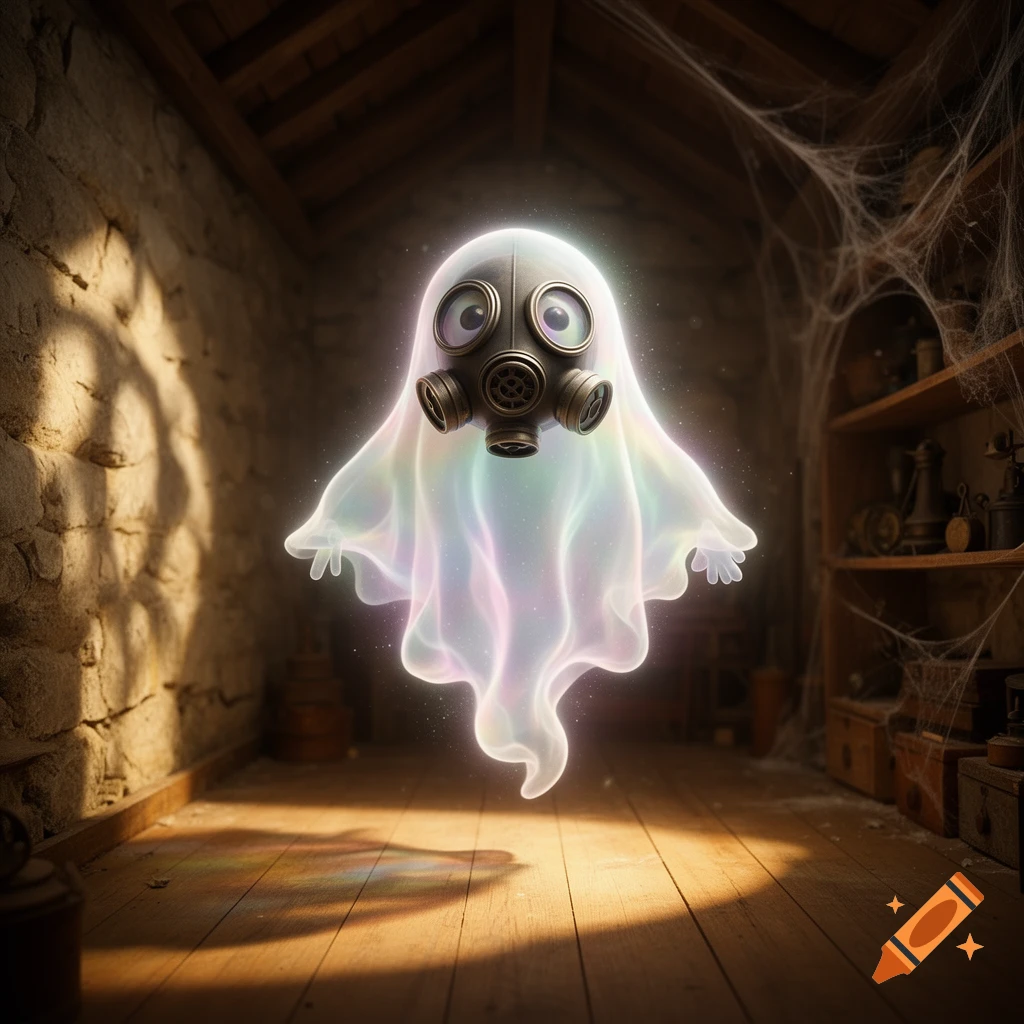 A cute, whimsical ghost with a gas mask floats in a dusty, dimly lit attic with cobwebs and old shelves.