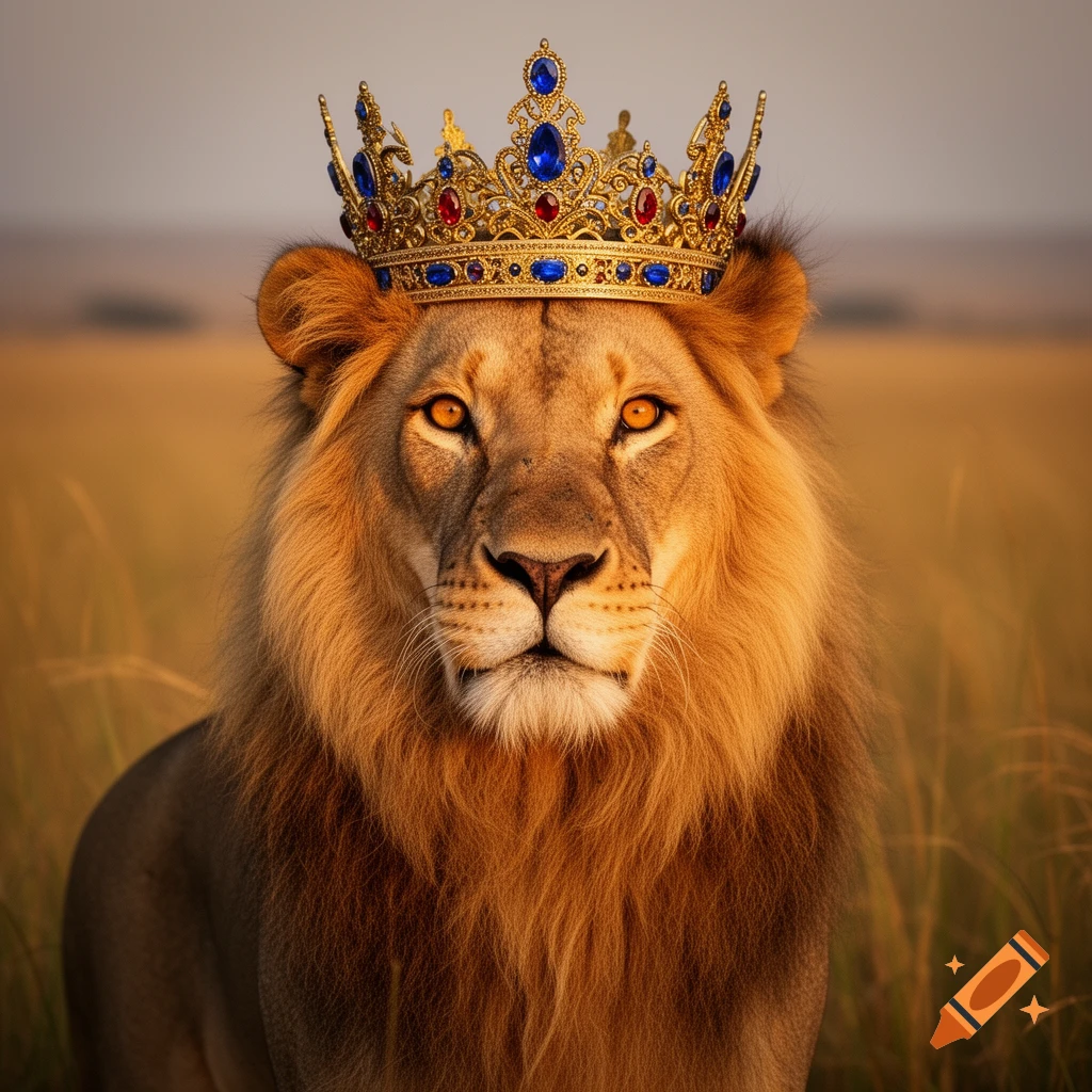 A photorealistic lion with an orange mane and eyes, wearing a majestic gold crown with blue and red jewels, stands in a grassy field.