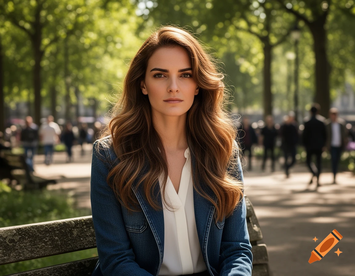 A photorealistic portrait of a woman with long brown hair, wearing a denim jacket, sitting on a park bench.