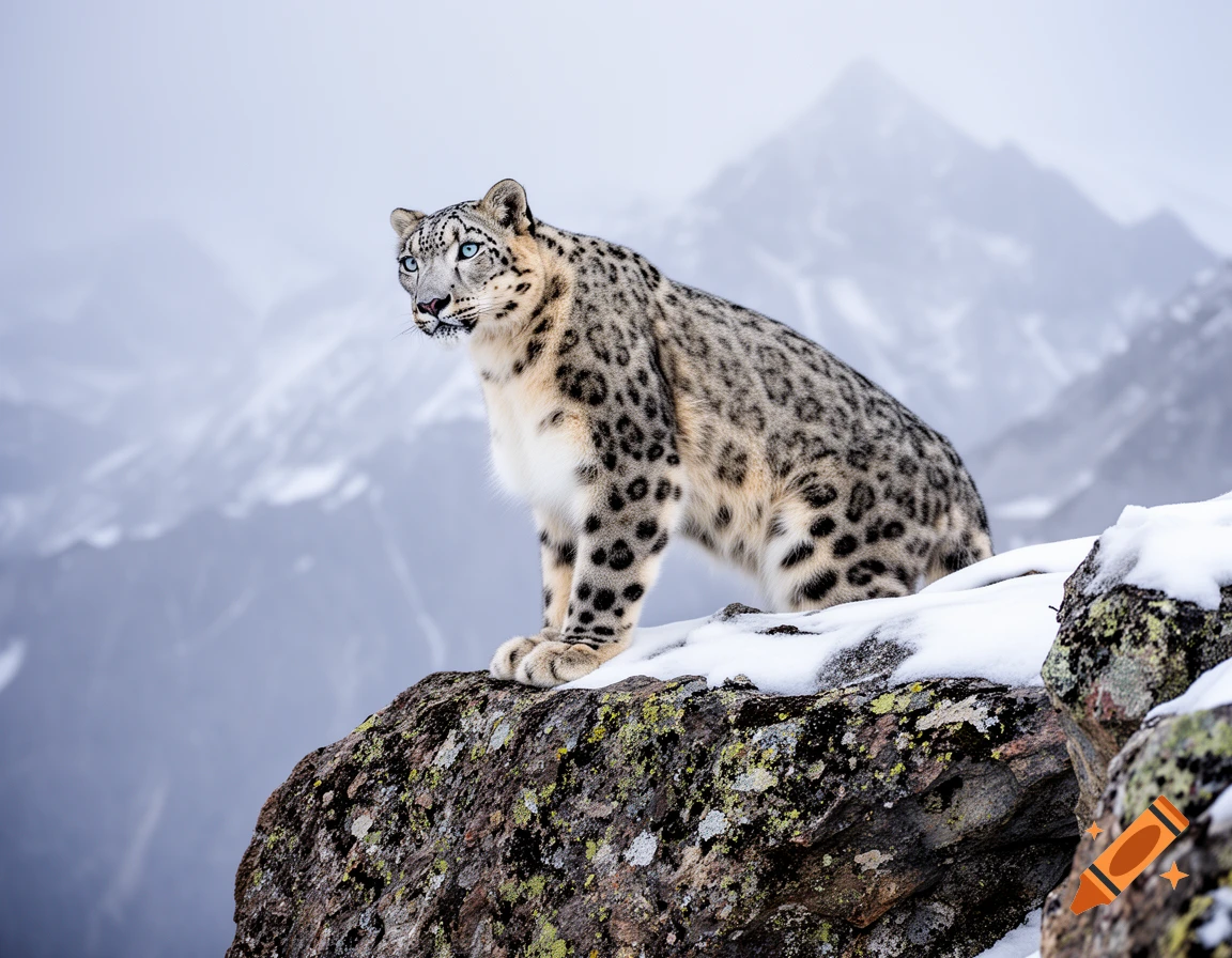 A photorealistic snow leopard with bright blue eyes stands on a snow-covered rock overlooking misty mountains.