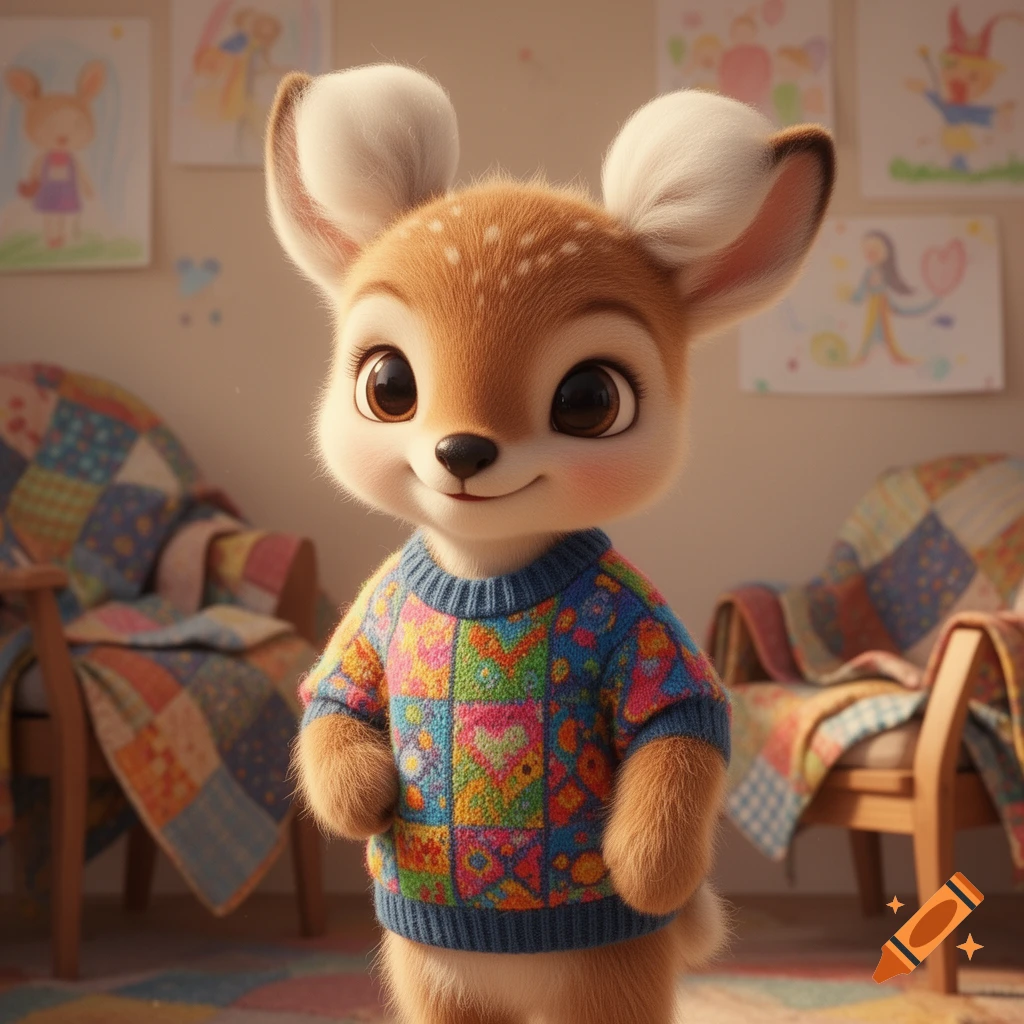 A cute, fluffy anthropomorphic fawn with large eyes wears a colorful patchwork sweater in a child's room.