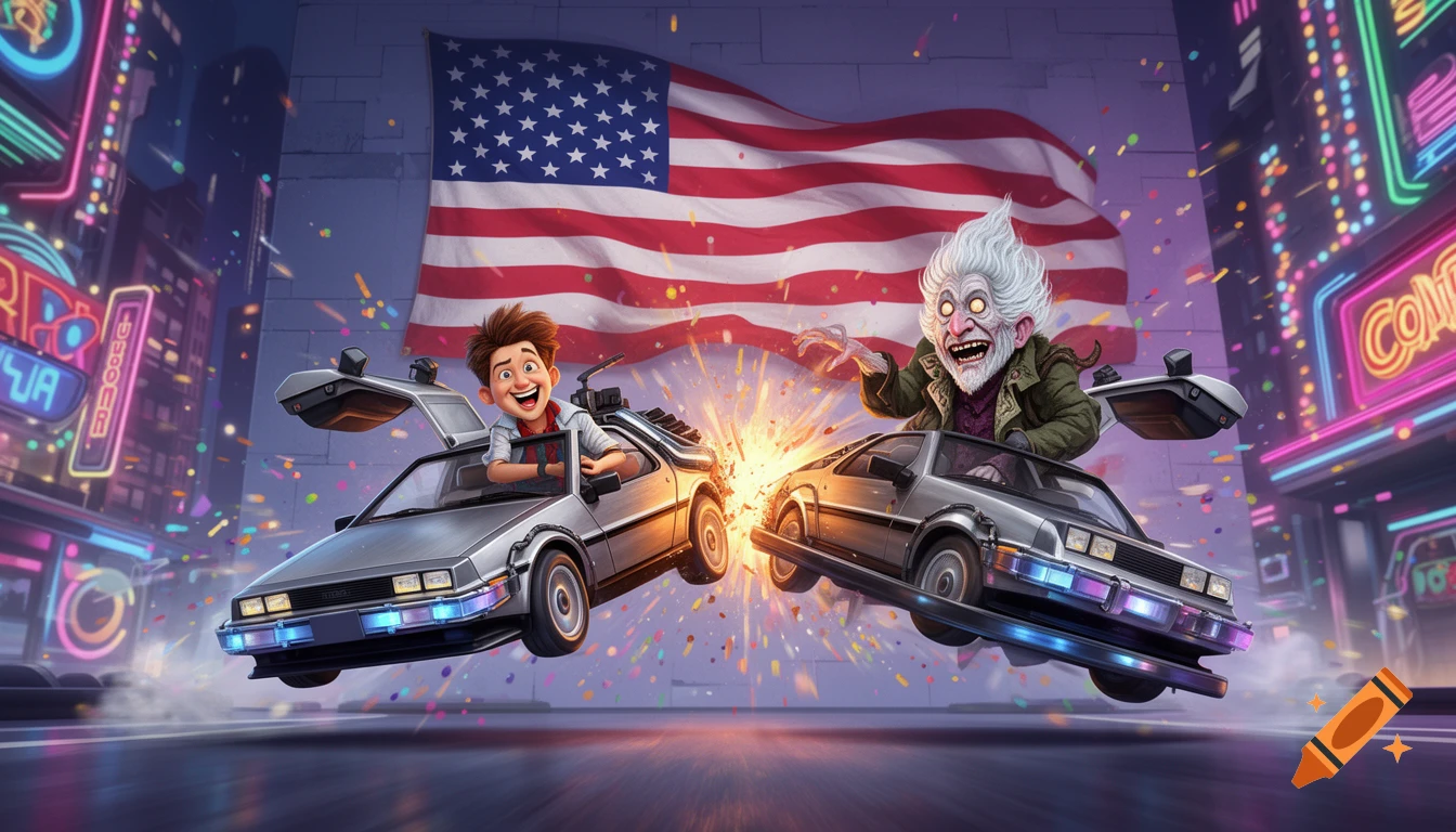Cartoon Marty McFly and Doc Brown in flying DeLorean bumper cars crashing, with an American flag and neon city in background.