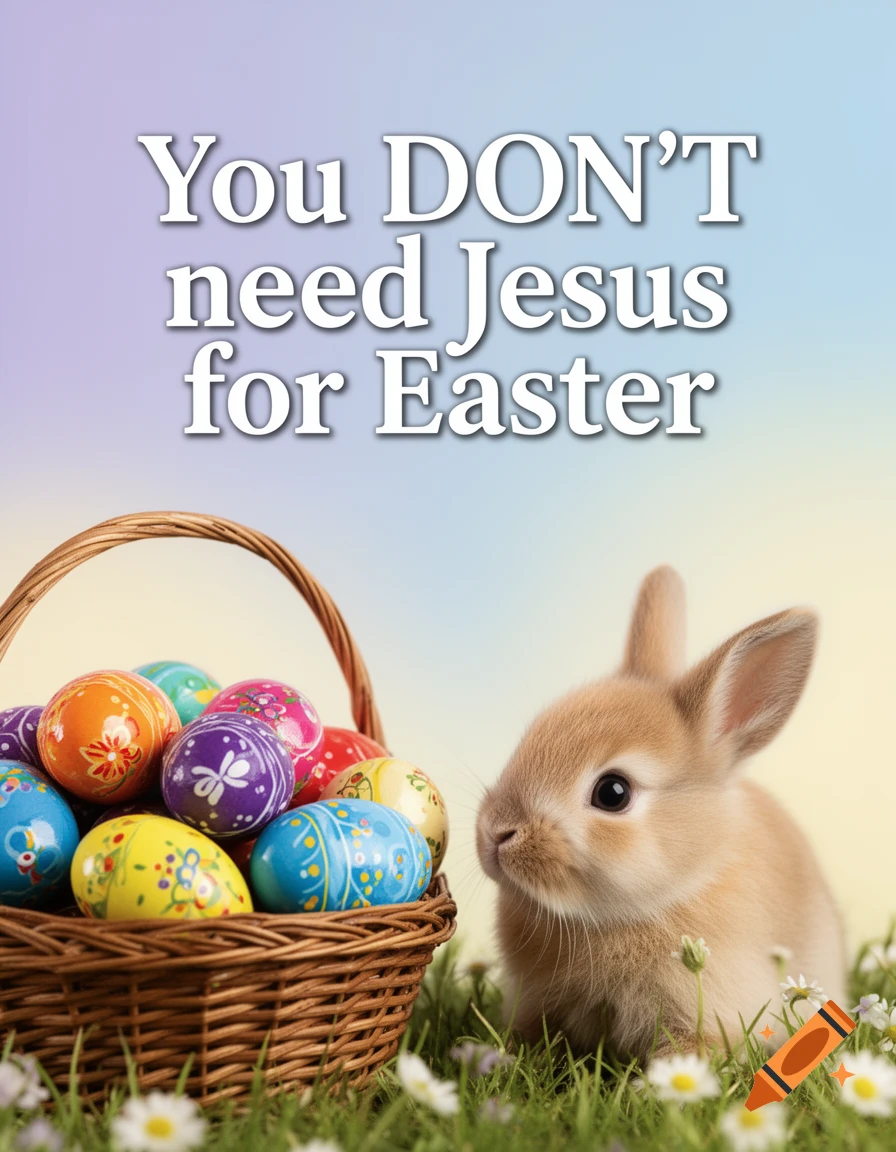 A brown bunny sits next to a basket of colorful patterned Easter eggs in grass, with the text 'You DON'T need Jesus for Easter' above.