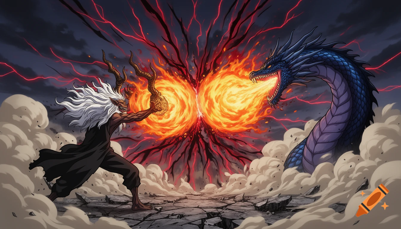 An anime-style battle scene with a white-haired horned figure and a blue dragon exchanging massive fire attacks amidst red lightning and smoke.