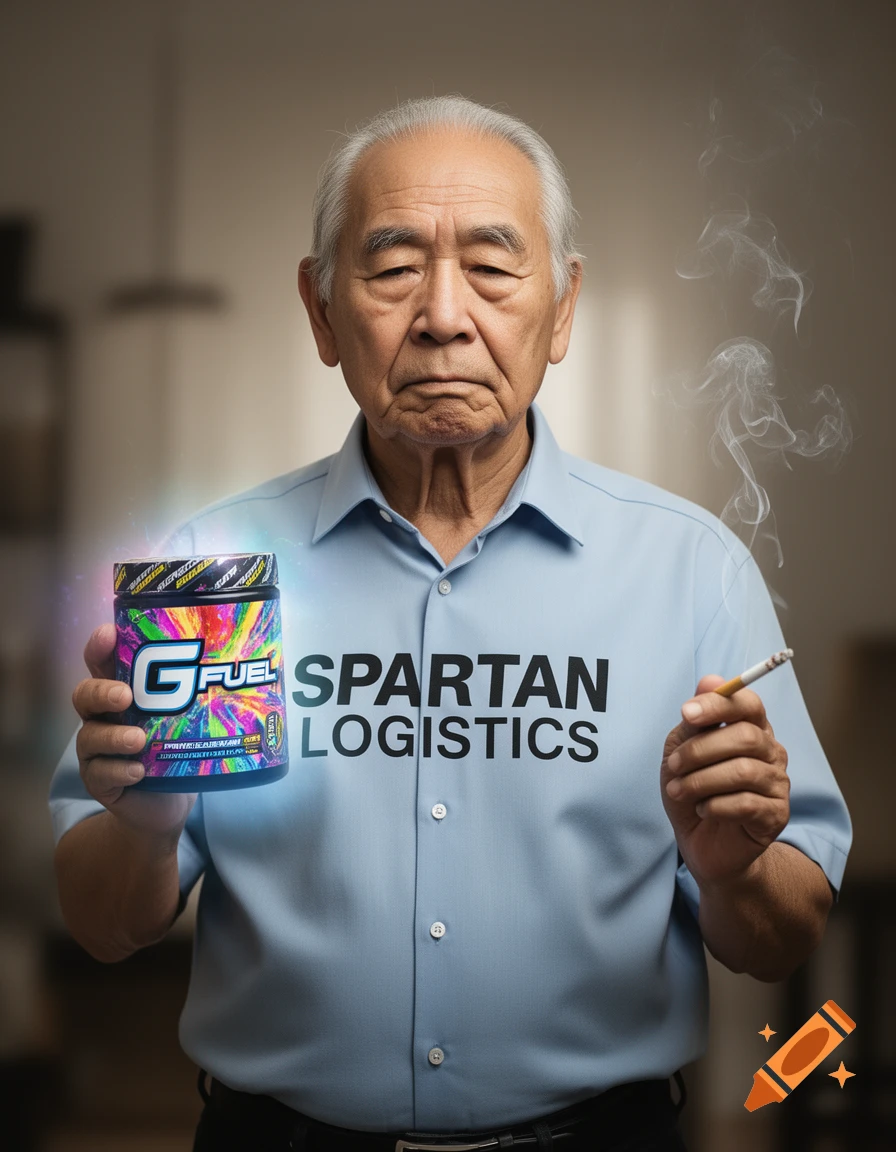 Elderly Asian man in a light blue shirt holding a G FUEL tub and a smoking cigarette, with "SPARTAN LOGISTICS" on his shirt.
