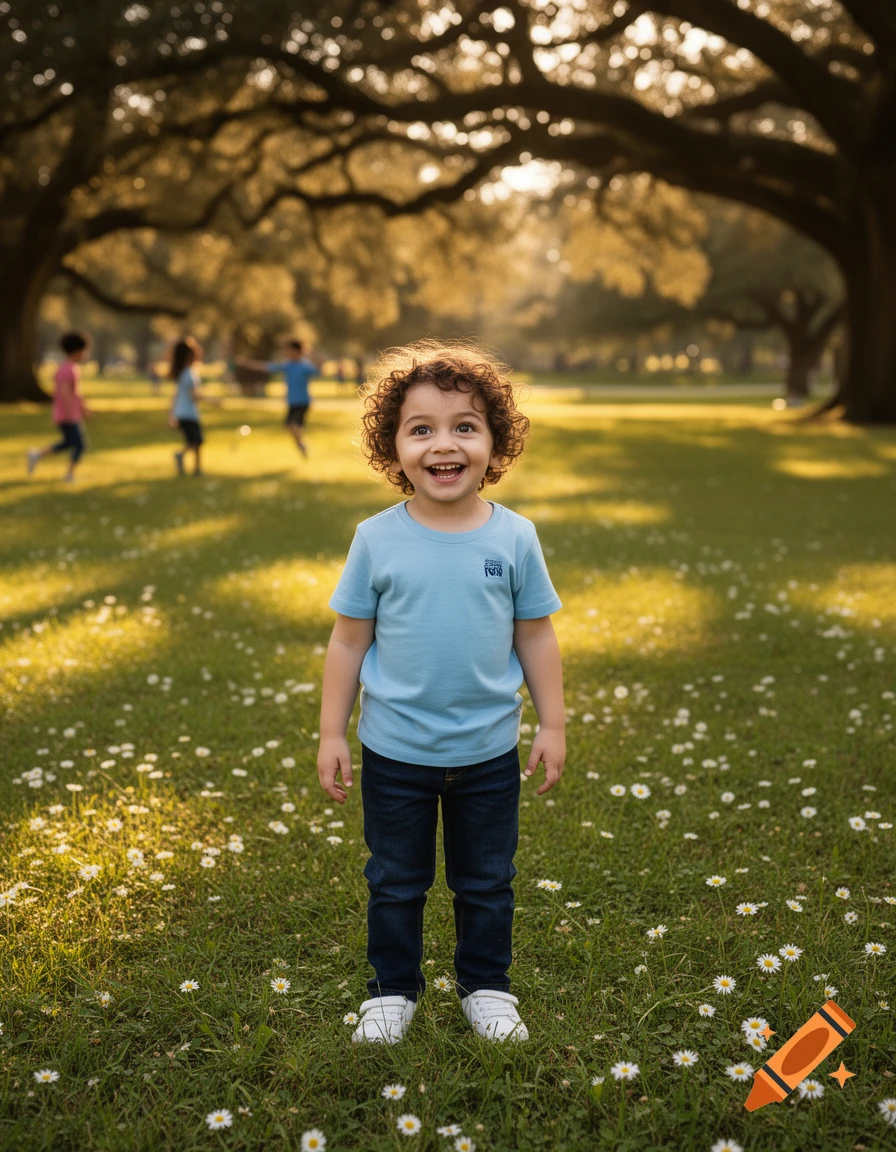 A happy young boy with curly hair smiles brightly while standing in a sunny park with wildflowers, other children play in the soft focus background.