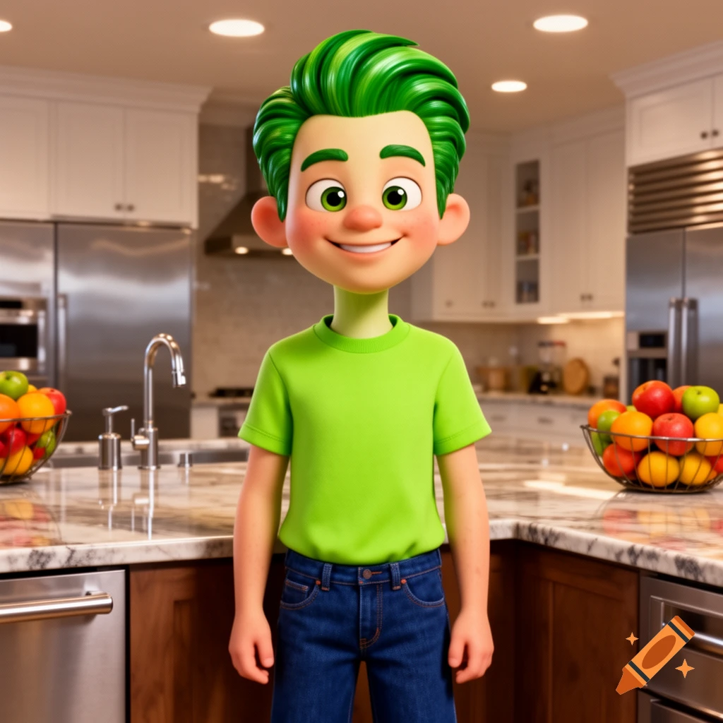 A smiling animated boy with bright green hair and a green shirt stands in a modern kitchen.