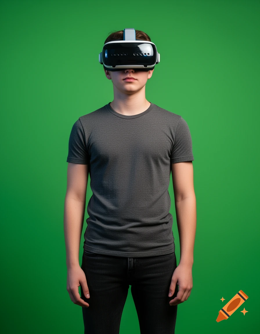 A young person standing with a VR headset against a green background.