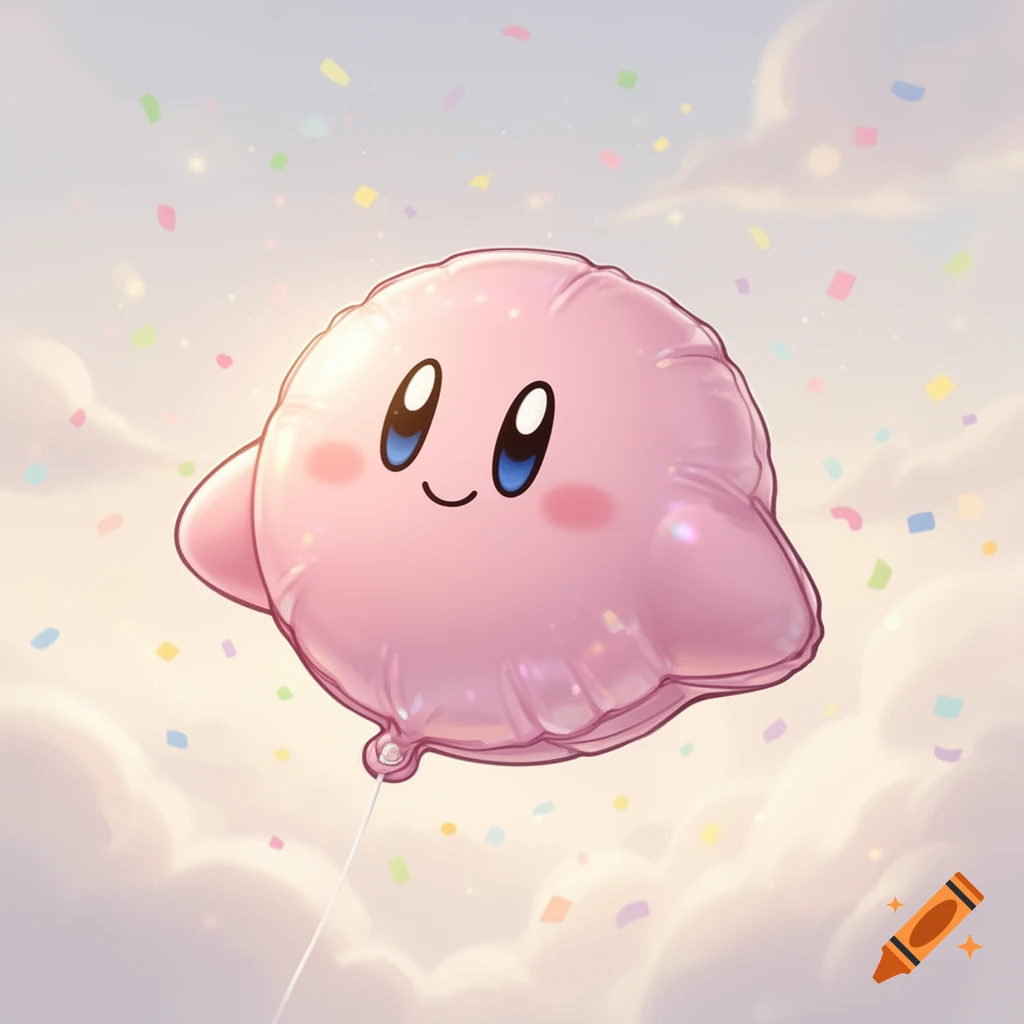A cute pink Kirby balloon with a small smile floats in a cloudy sky with colorful confetti.