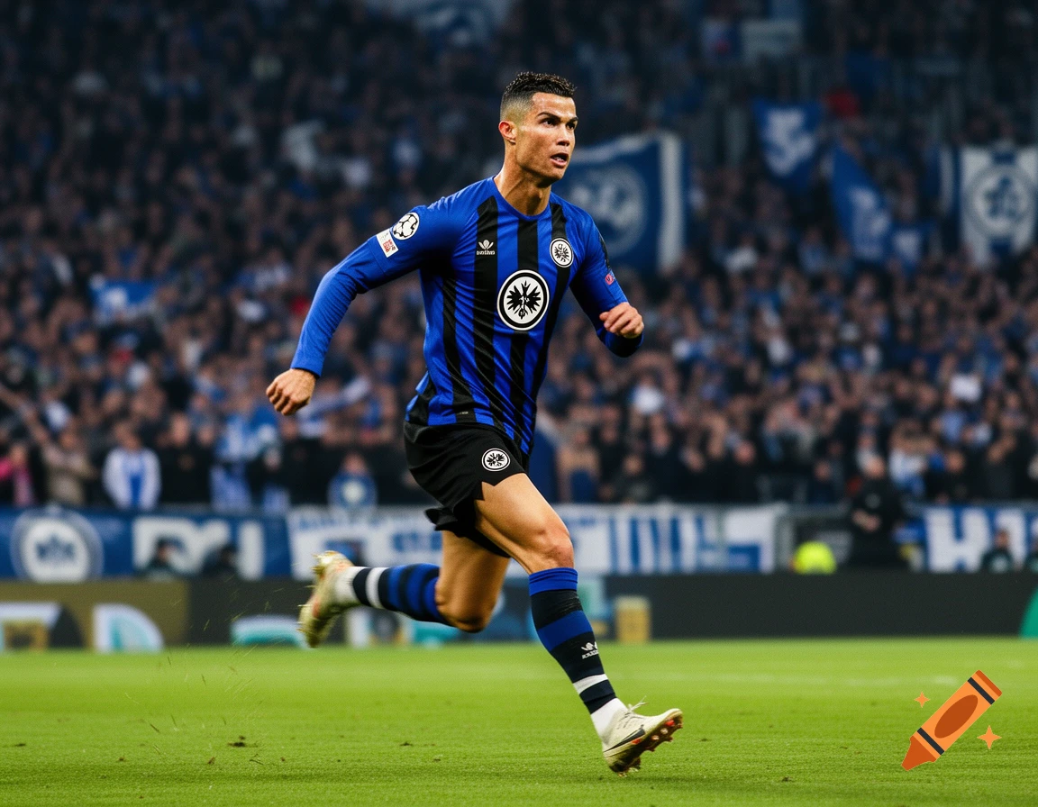 Cristiano Ronaldo in a blue and black striped Eintracht Frankfurt jersey runs across a soccer field in a stadium.
