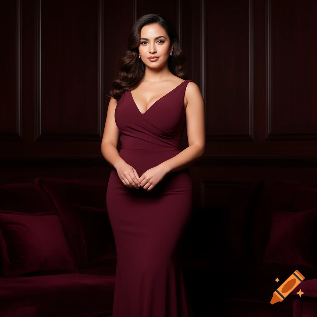 A woman in a dark red v-neck formal dress stands in a dimly lit room with dark wood paneling and red velvet furniture.