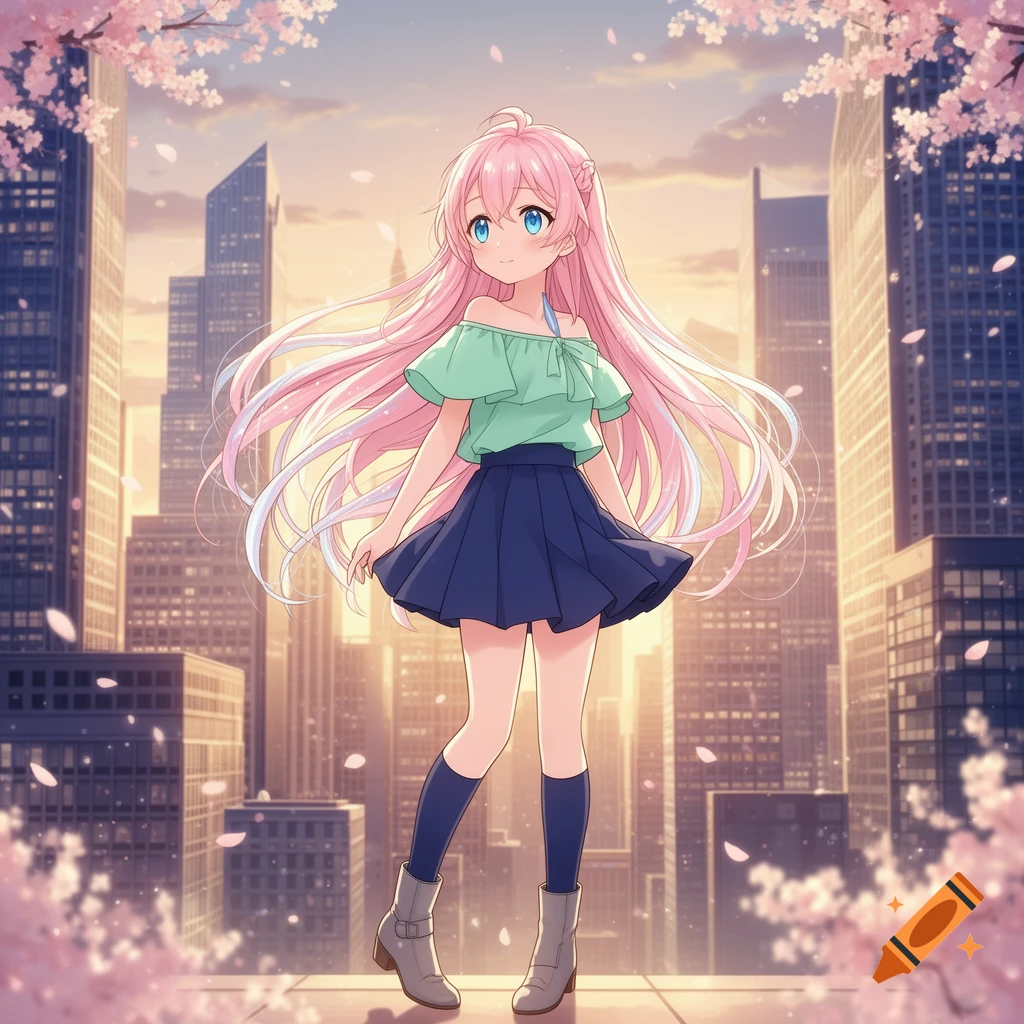 An anime girl with long pink hair and blue eyes, wearing a green top, blue skirt, and boots, stands in a cityscape with cherry blossoms at sunset.