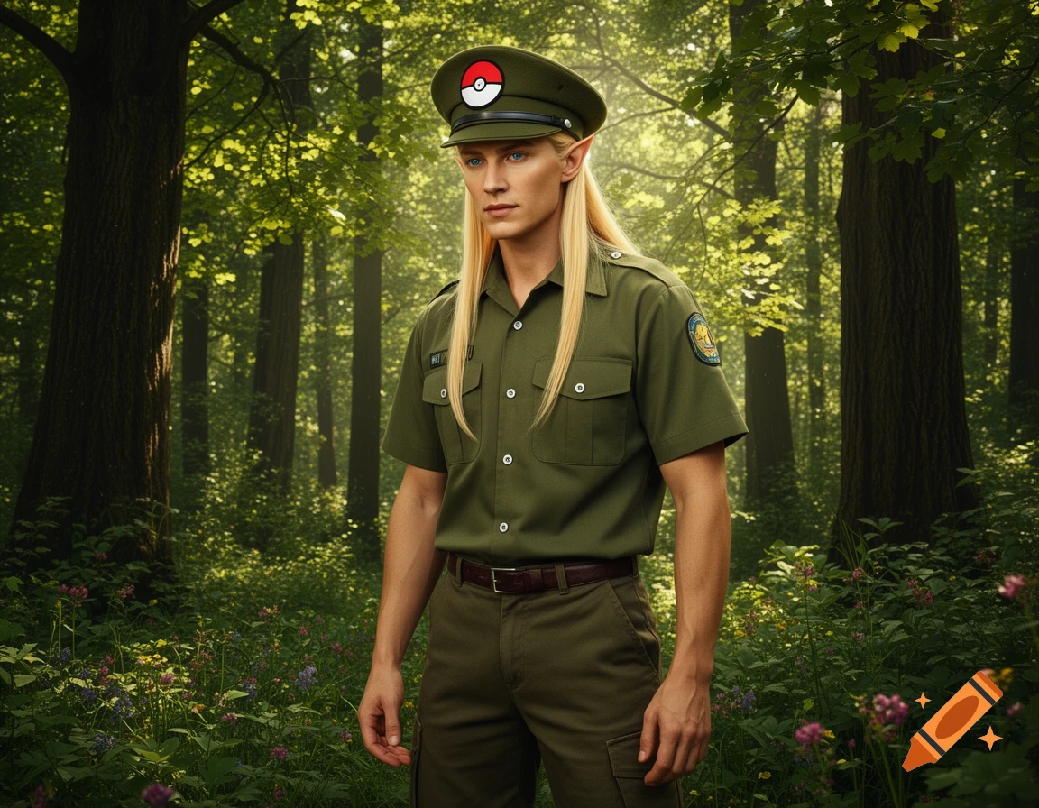 A photorealistic image of an elf with long blonde hair and blue eyes, wearing a green camp counselor uniform with a Pokeball on his hat, standing in a lush, sunlit forest.