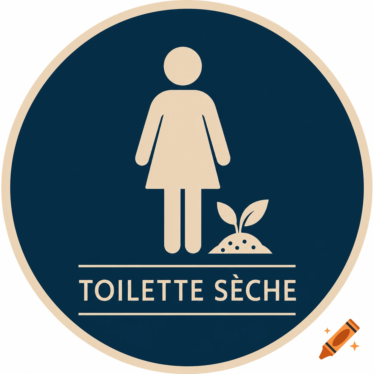 A blue and beige circular pictogram for a women's dry toilet, showing a female figure and the text 'TOILETTE S\u00c8CHE' with a plant seedling.