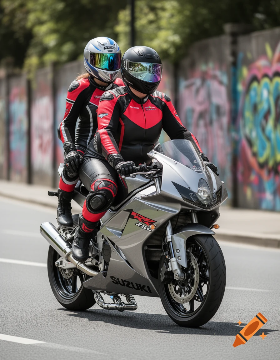 Two riders in red and black racing suits and helmets on a silver Suzuki RR 250 motorcycle on a street with graffiti on a wall in the background.