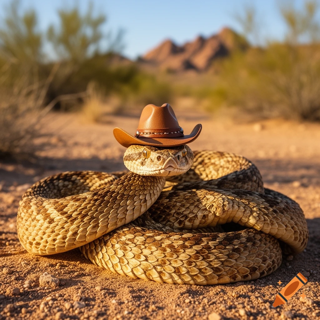 Photorealistic rattlesnake coiled in a sunny desert, wearing a tiny brown cowboy hat on its head.