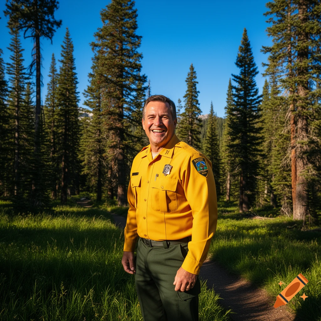 A smiling forest ranger in a yellow uniform stands on a sun-dappled path in a lush green forest.