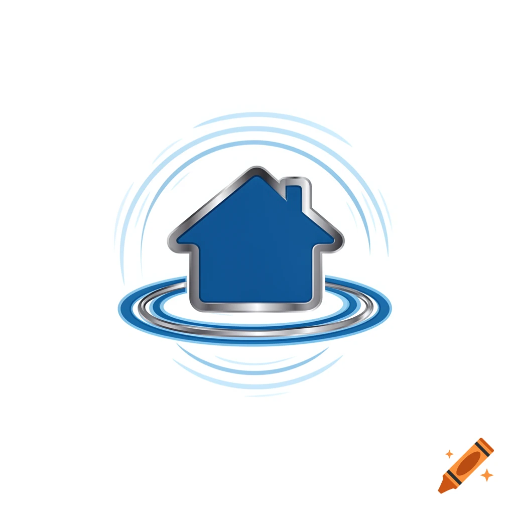 A blue house icon with a metallic border, surrounded by light blue concentric circles, on a white background.