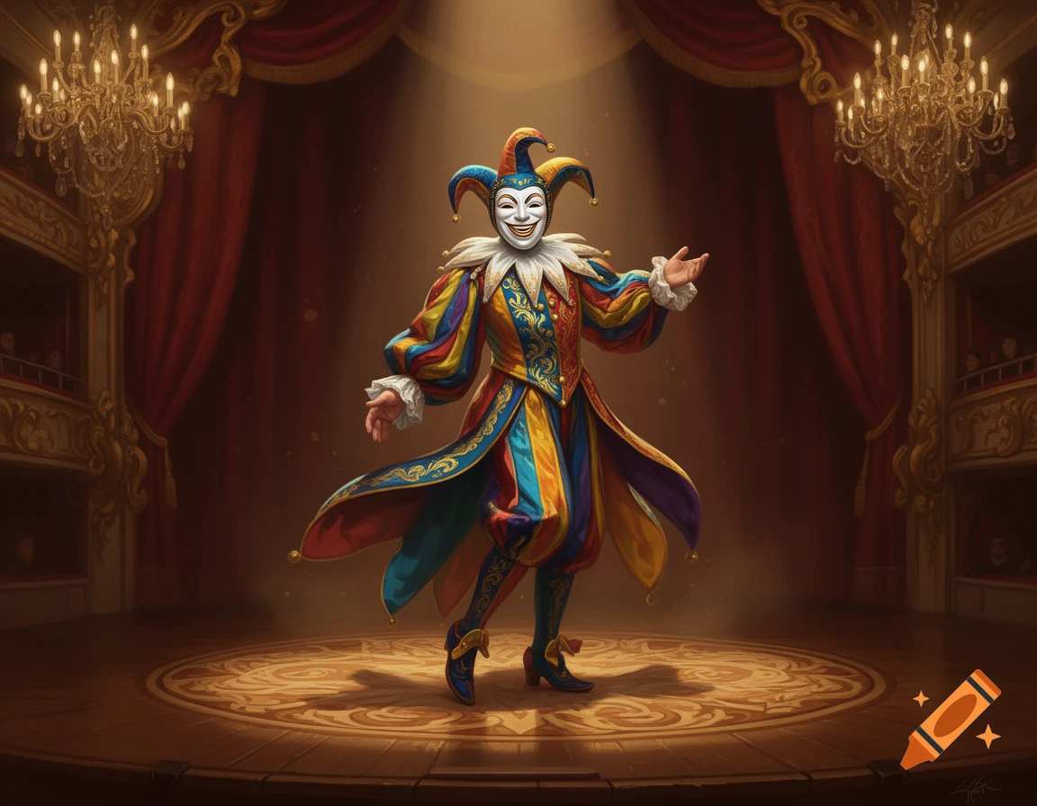 A colorful jester in a comedy mask stands on a spotlighted theatre stage, with red curtains and chandeliers.