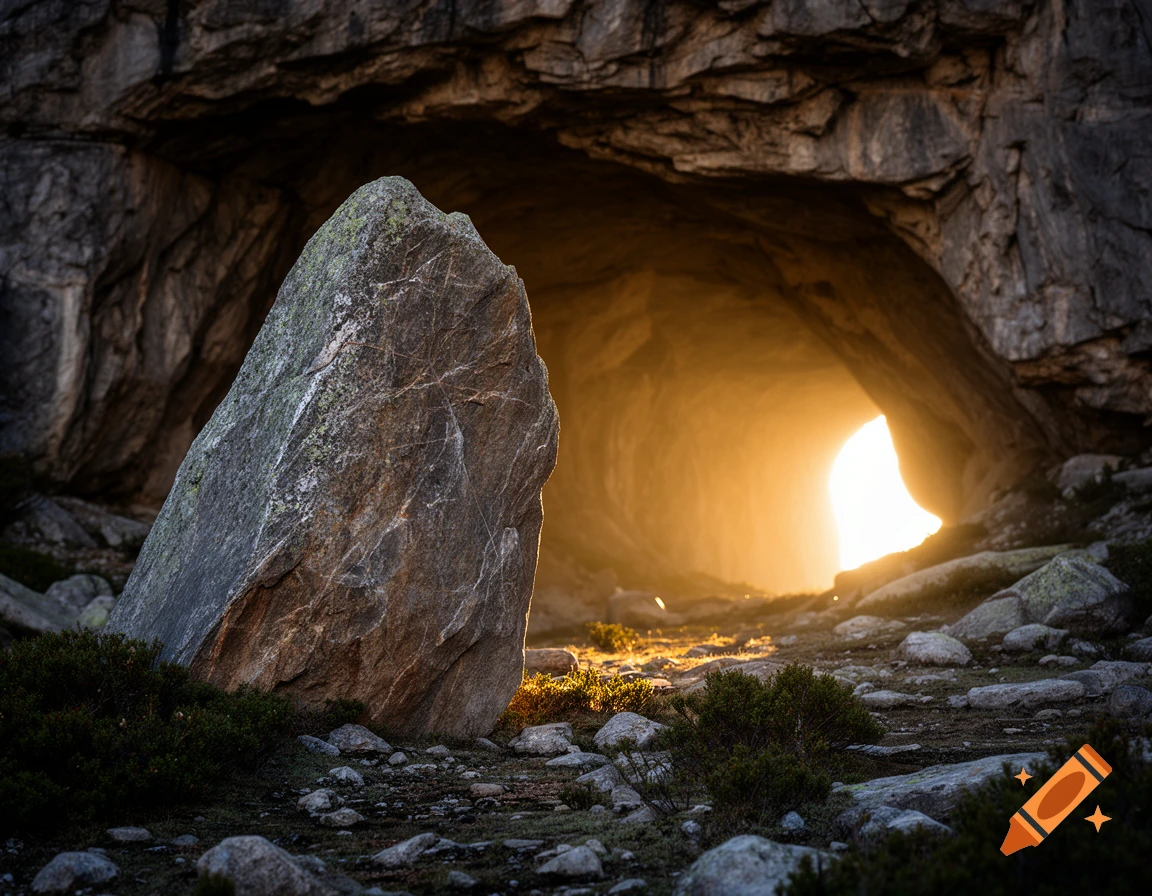 A large rock stands before a dark cave with bright golden sunlight emanating from within, illuminating the foreground rocks and green bushes.