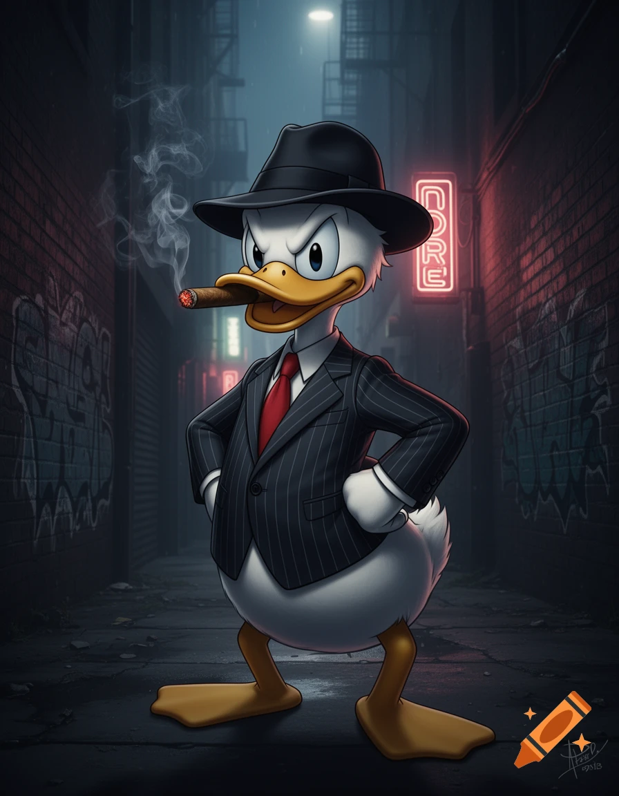 Donald Duck as a gangster in a pinstripe suit and fedora, smoking a cigar in a dark, rainy alleyway, comic art style.