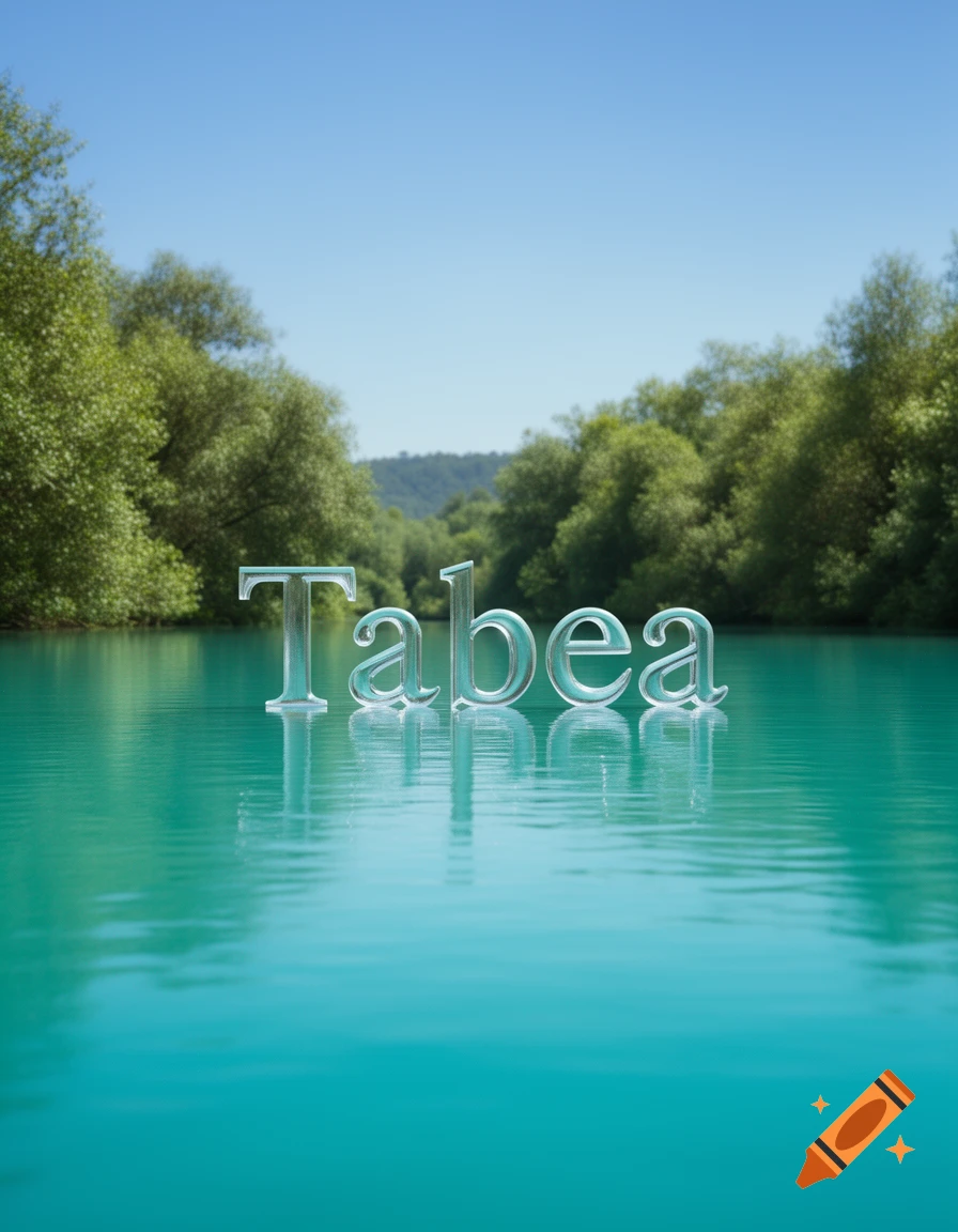 The name 'Tabea' in reflective letters floating on a turquoise lake surrounded by green trees under a blue sky.
