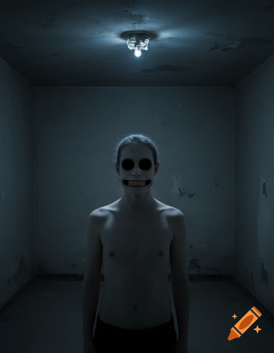 A creepy, shirtless human figure with hollow black eyes and an extremely wide, toothed grin stands in a dark room under a single lightbulb.
