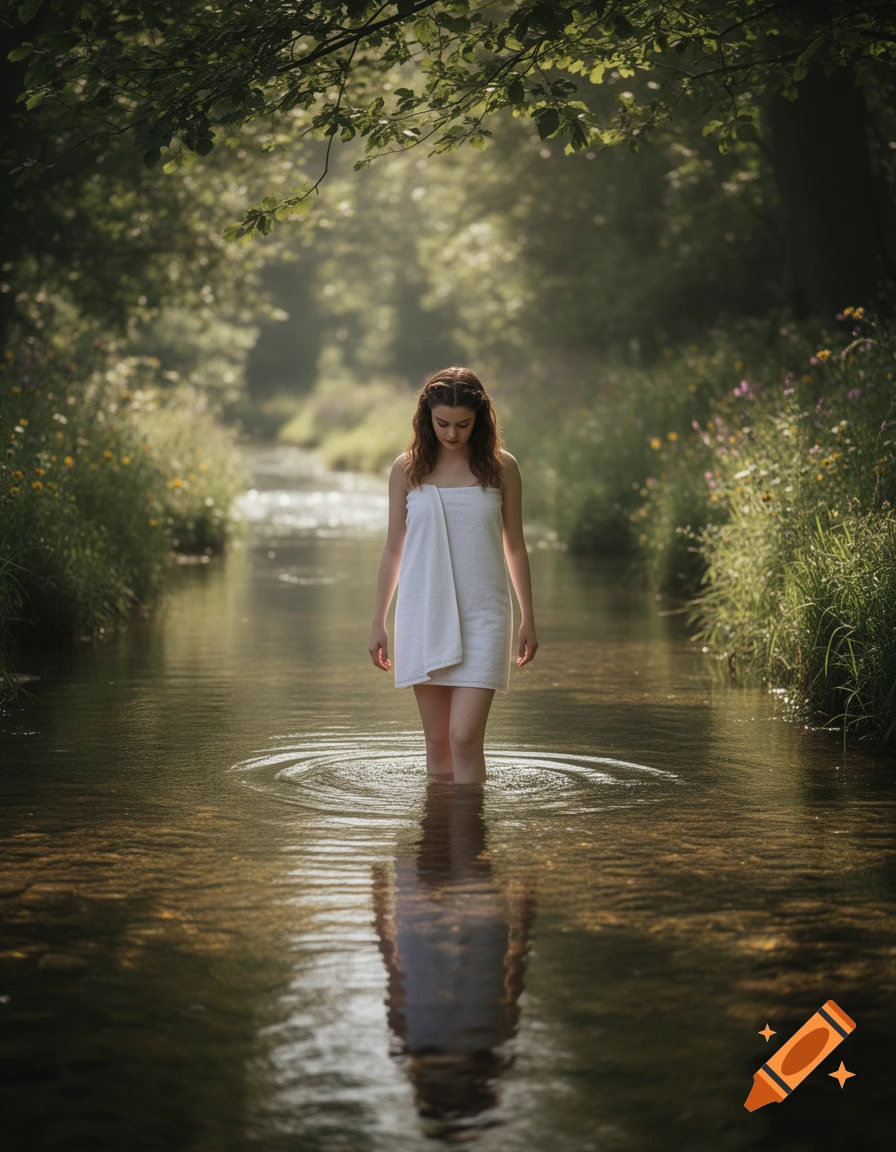 A young woman in a white towel wades through a sunlit stream in a lush green forest, looking down.