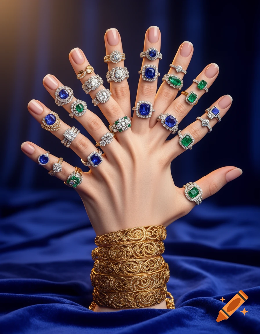 Close-up of a hand adorned with numerous sapphire and emerald rings and gold filigree bracelets on a blue velvet cloth.