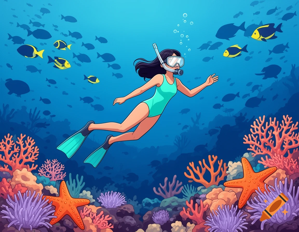 Cartoon woman snorkeling in a turquoise swimsuit, mask, and fins, among colorful coral, starfish, and fish in a vibrant blue ocean.