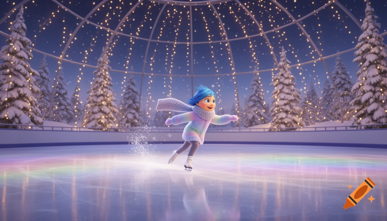 Joy from Inside Out ice skating on a rainbow-lit rink under a dome of lights and snowy trees at night, animated style.