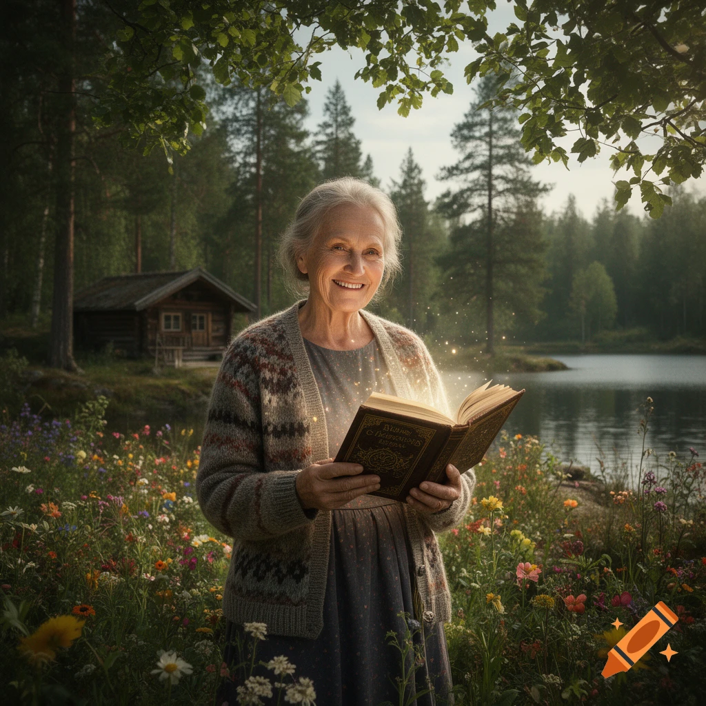 A smiling elderly woman holds an open, glowing book in a wildflower field by a lake, with a cabin and forest in the background.
