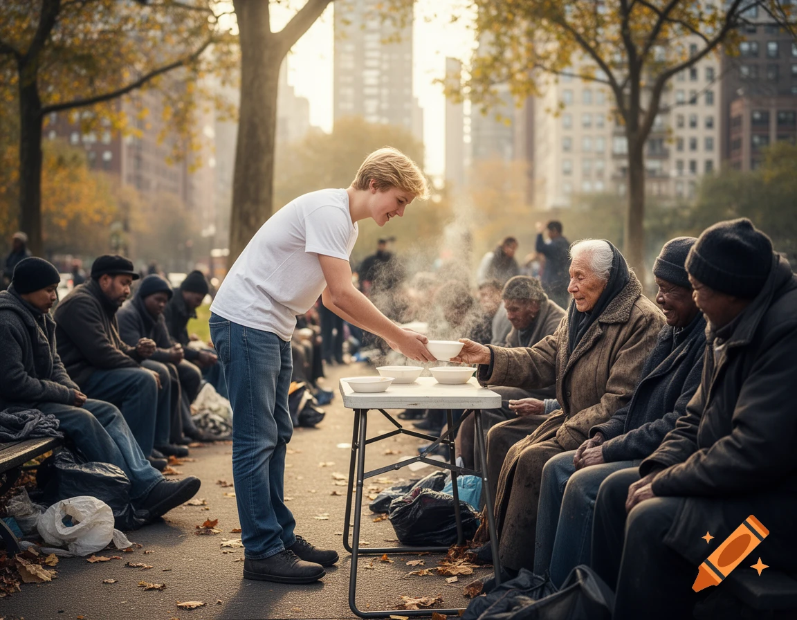 A young blond man serves steaming food to an elderly woman and other homeless people sitting on a bench in a city park.