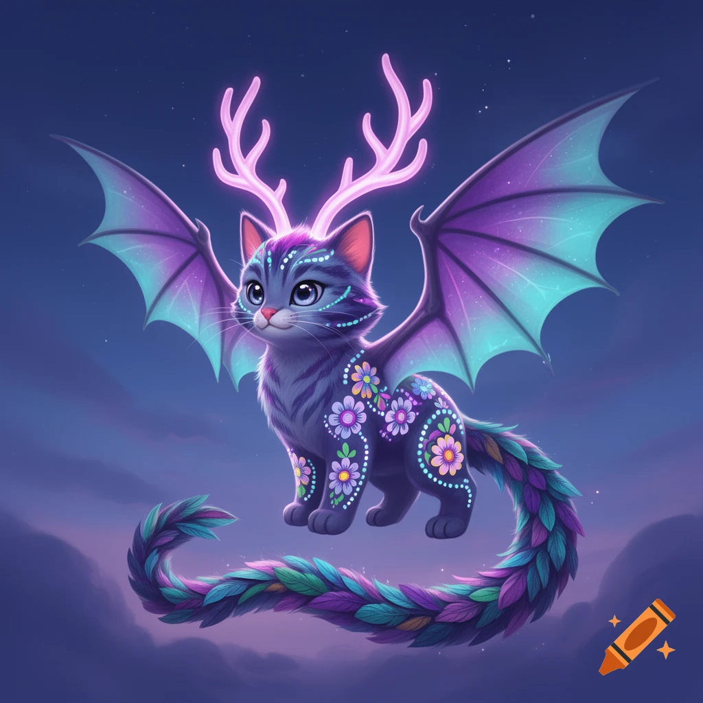A stylized purple cat-like creature with glowing pink antlers, iridescent purple and turquoise dragon wings, and a feathered serpent tail, adorned with colorful flower patterns, floats against a dark blue sky.