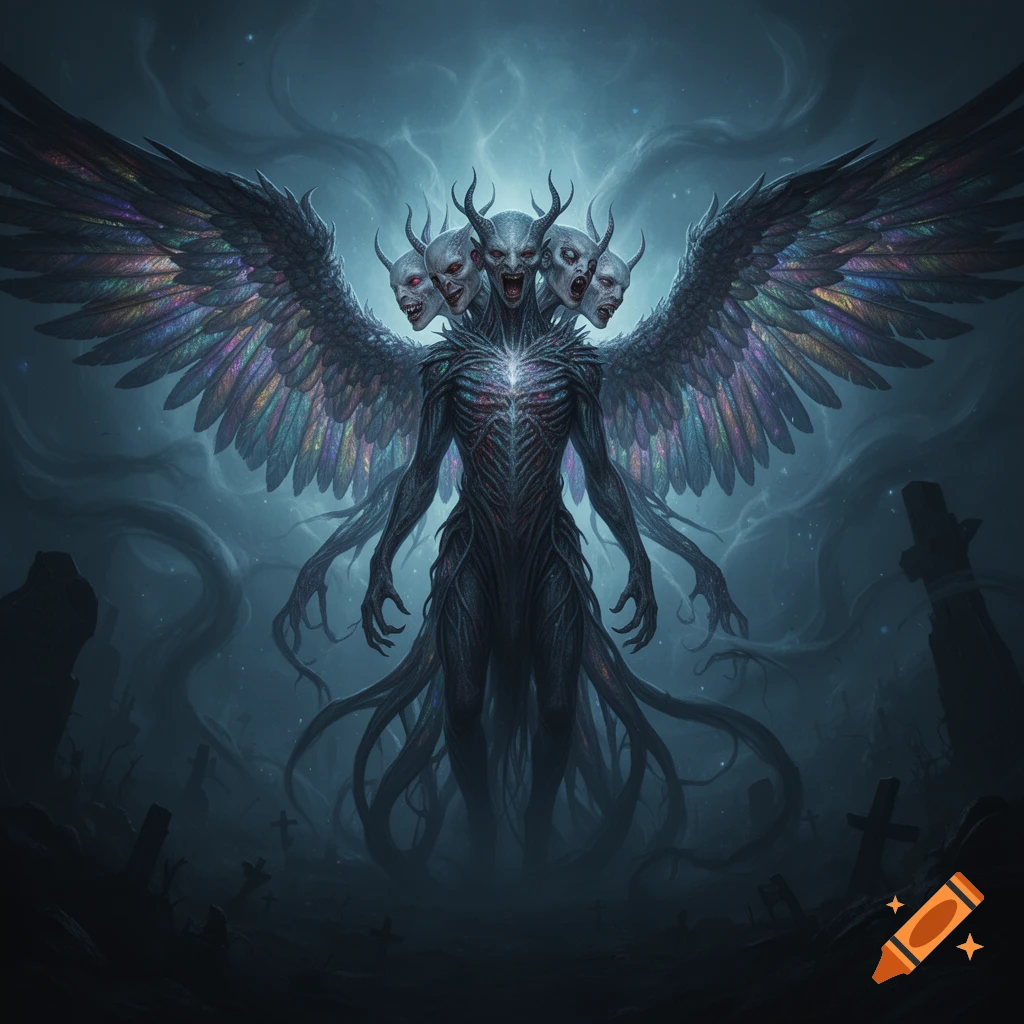A photorealistic dark fantasy image of a multi-headed winged demon with a skeletal chest, standing in an eerie graveyard under a stormy sky.