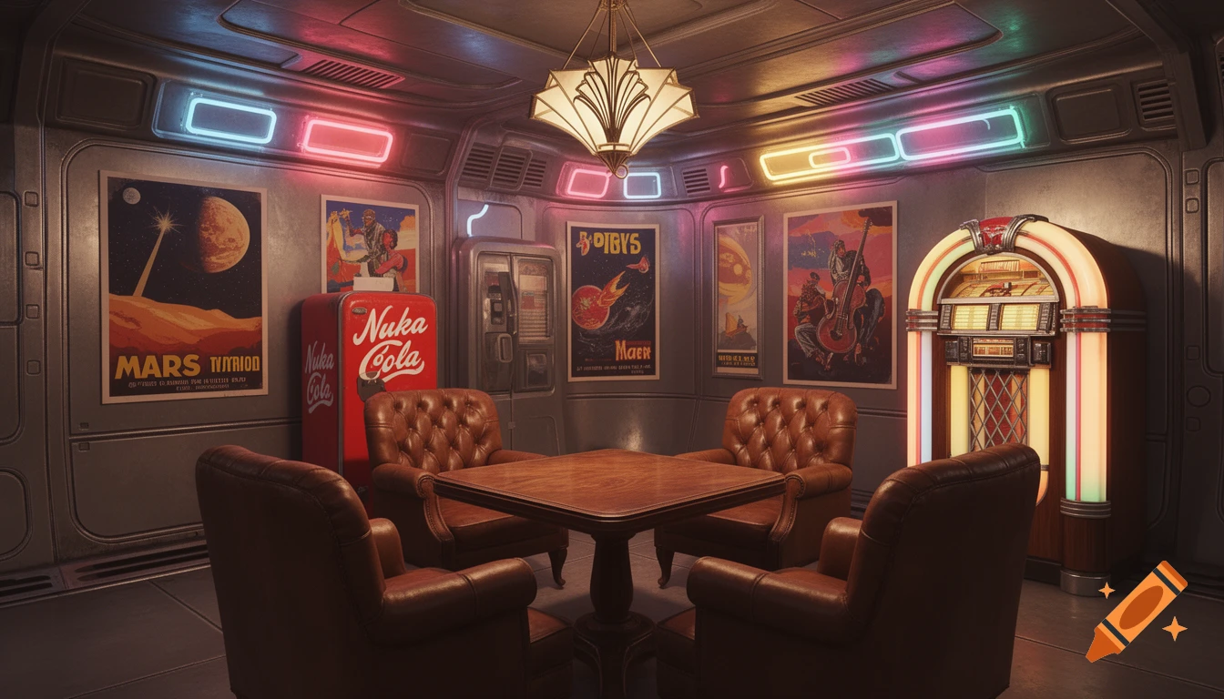 A retro-futuristic spaceship interior with neon lights, Mars propaganda posters, a Nuka-Cola machine, and leather armchairs.