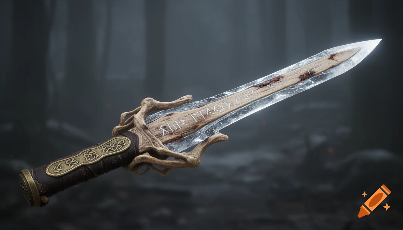 A hyper-detailed fantasy blade with a wooden core, glassy edge, runes, leather hilt with knotwork, and an organic guard.