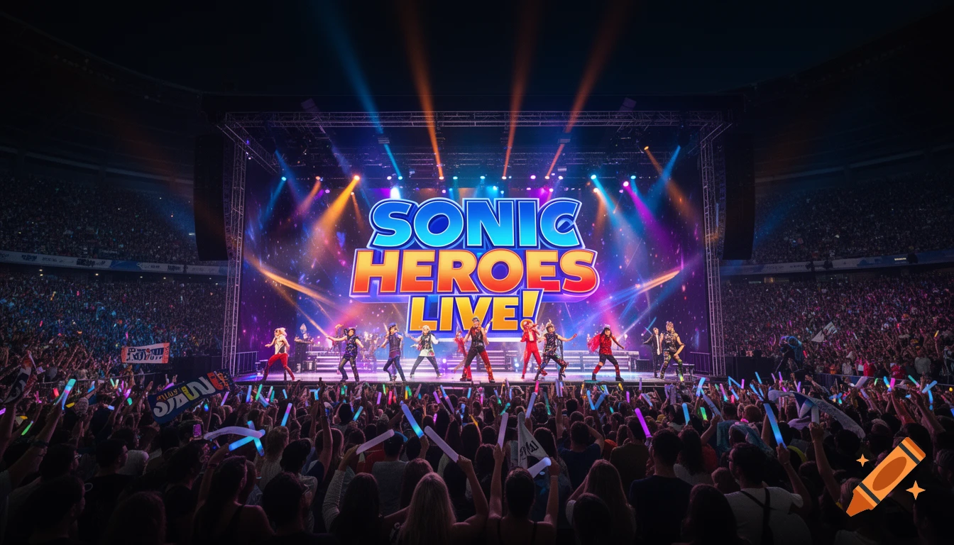 A vibrant, photorealistic view of a 'Sonic Heroes LIVE!' concert in a packed stadium, with performers on stage and a crowd holding glow sticks.