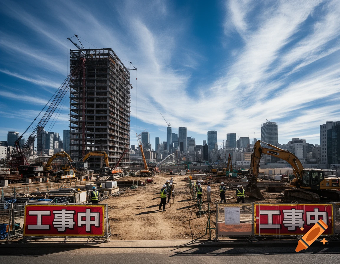 A photorealistic image of a large construction site with a skyscraper frame, cranes, excavators, workers, and 'Under Construction' signs.