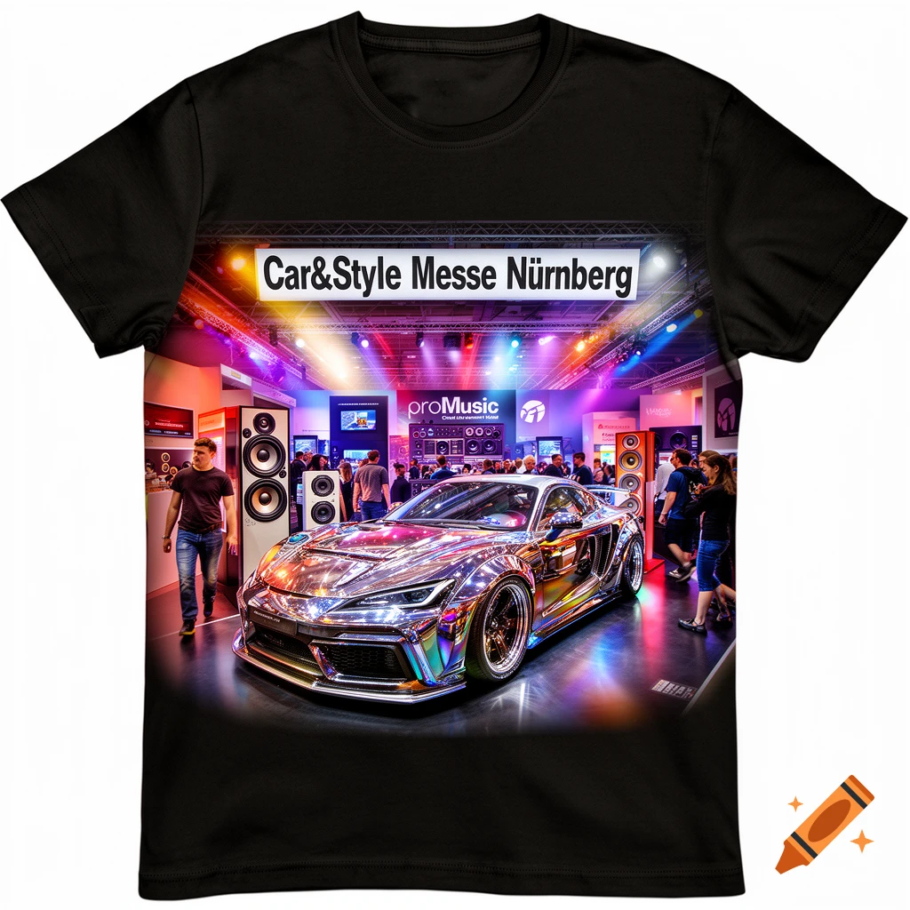 A vibrant indoor car and music exhibition with a chrome-plated custom car, large speakers, and attendees under colorful lights.