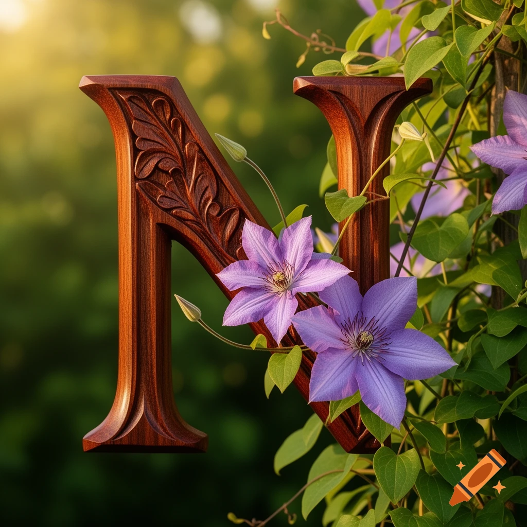 A detailed wooden letter 'N' adorned with purple clematis flowers and green vines in a sunny garden.