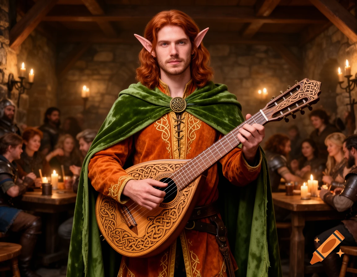 A red-haired elf bard in a green cloak plays a mandolin in a medieval tavern.