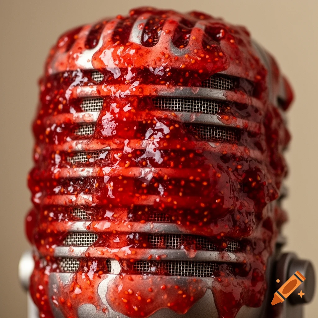 A silver microphone covered in thick, glistening red strawberry jam with visible seeds, against a plain background.