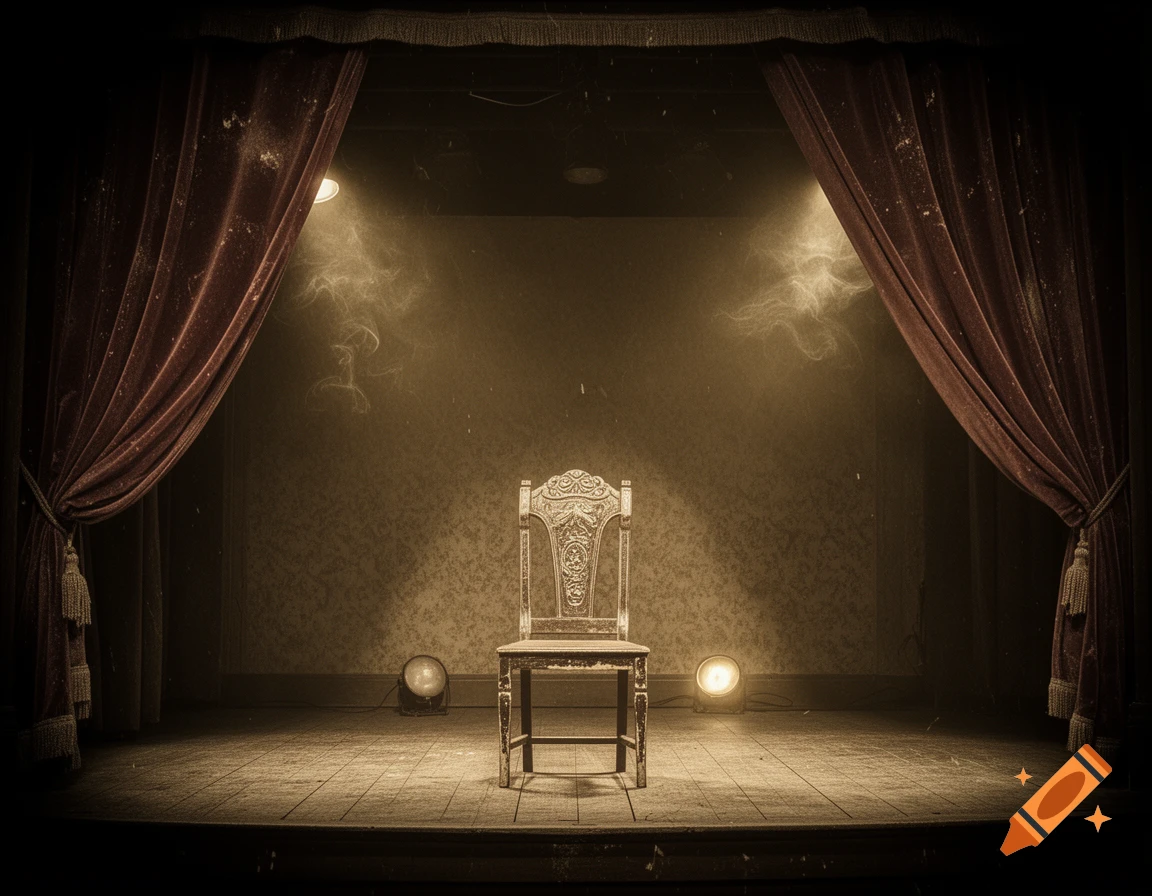 A vintage-style theatre stage with red curtains, an ornate wooden chair center stage, and dusty, moody lighting.