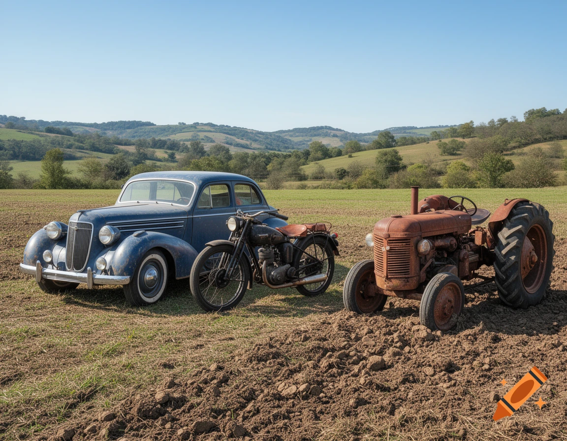 A blue vintage car, a black vintage motorcycle, and a rusty old tractor sit in a plowed field under a clear sky.