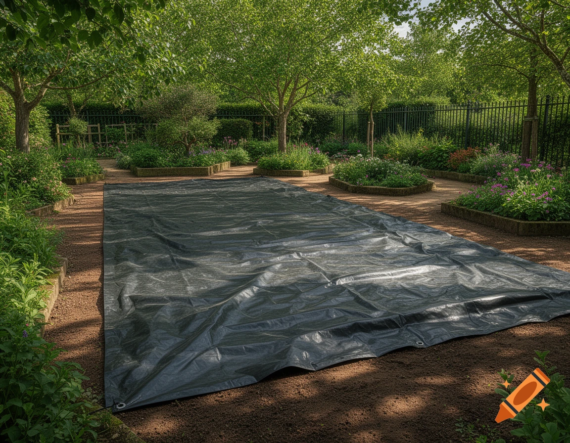 A large dark plastic tarp covers a central dirt area in a lush green garden with trees, flower beds, and paths.