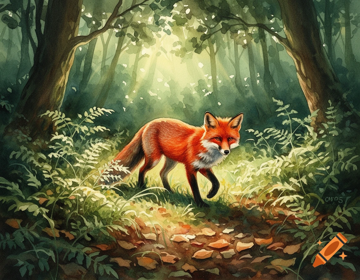 A vibrant red fox walks through a sun-dappled forest in a watercolor painting.