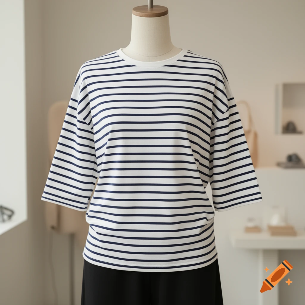 A white t-shirt with navy horizontal stripes and three-quarter sleeves on a mannequin.