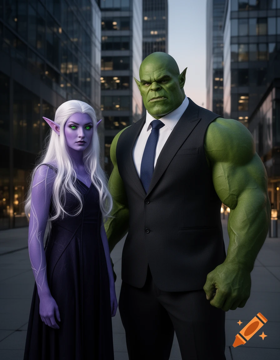 A violet-skinned dark elf with white hair and green eyes stands beside a muscular green orc in a black suit against a city backdrop.